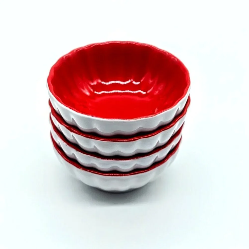 Set of 4 Pier 1 Red White Porcelain Scalloped Dipping Bowls NWT